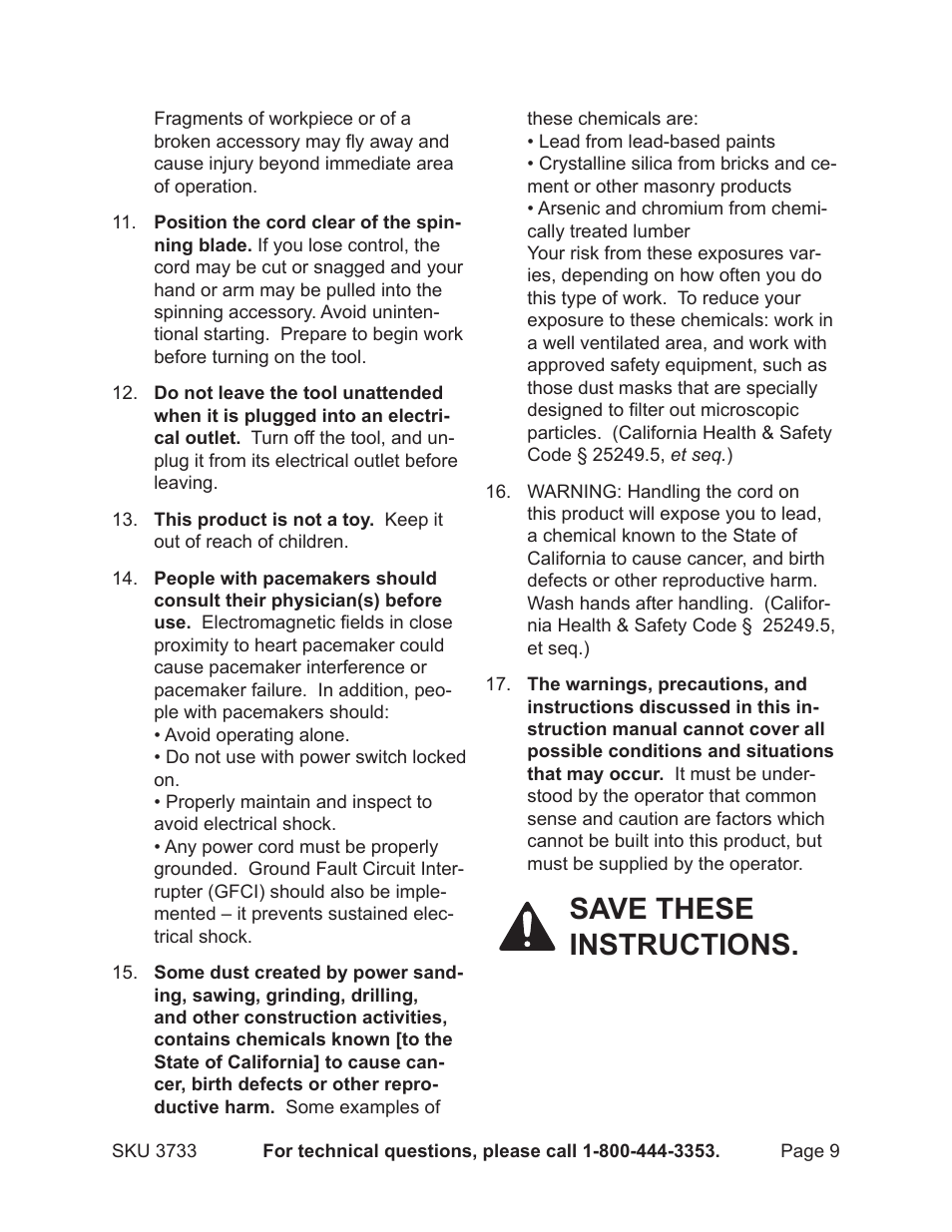 Save these instructions | Harbor Freight Tools Drill Master 3733 User Manual | Page 9 / 20