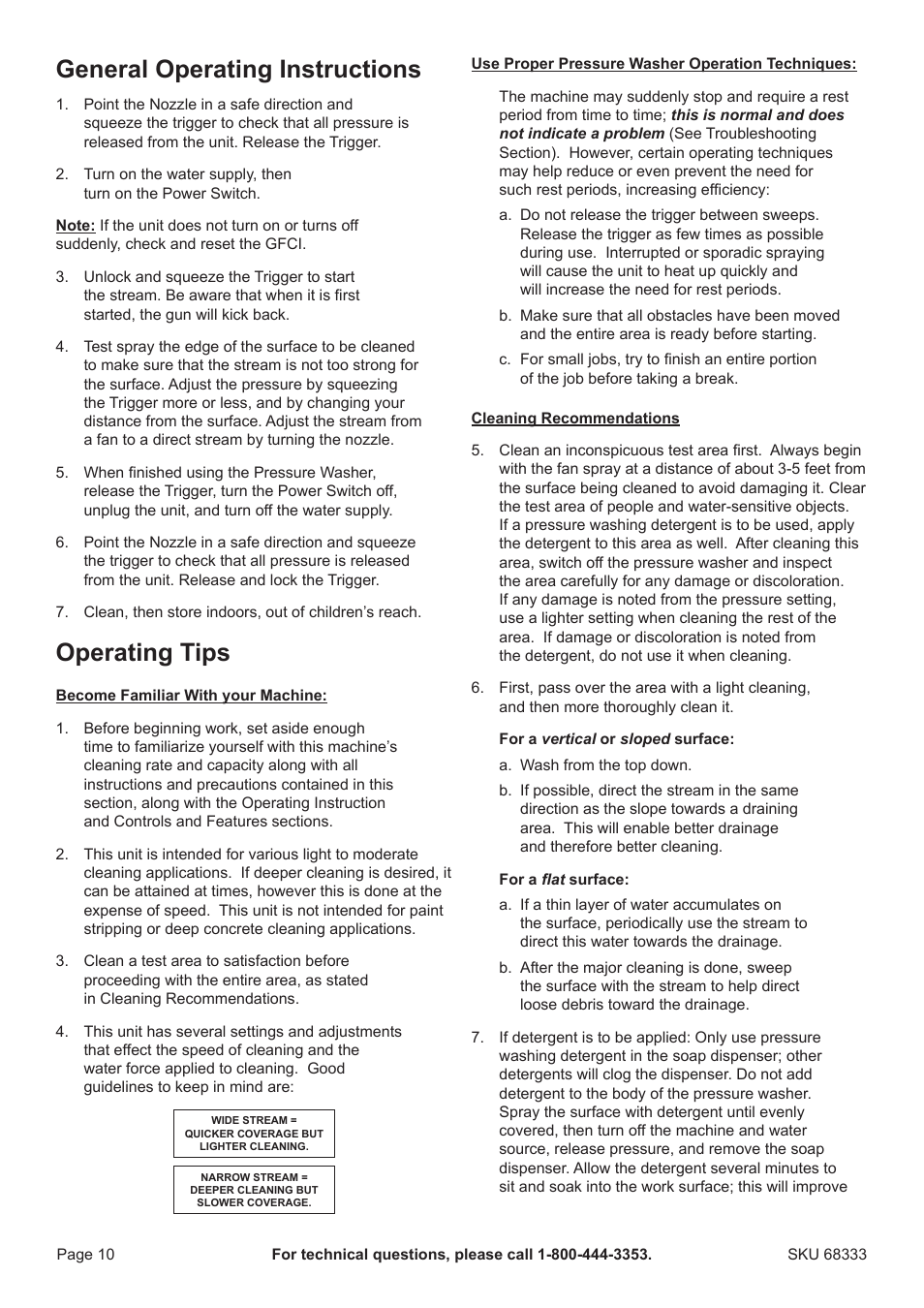 General operating instructions, Operating tips | Harbor Freight Tools Pacifichydrostar 68333 User Manual | Page 10 / 16