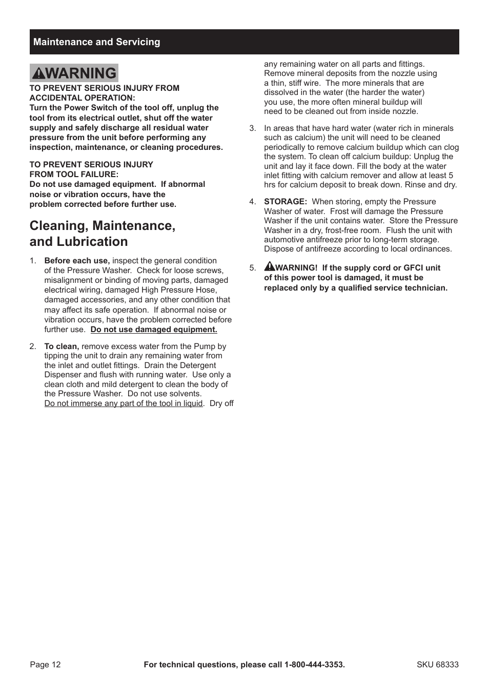 Cleaning, maintenance, and lubrication | Harbor Freight Tools Pacifichydrostar 68333 User Manual | Page 12 / 16