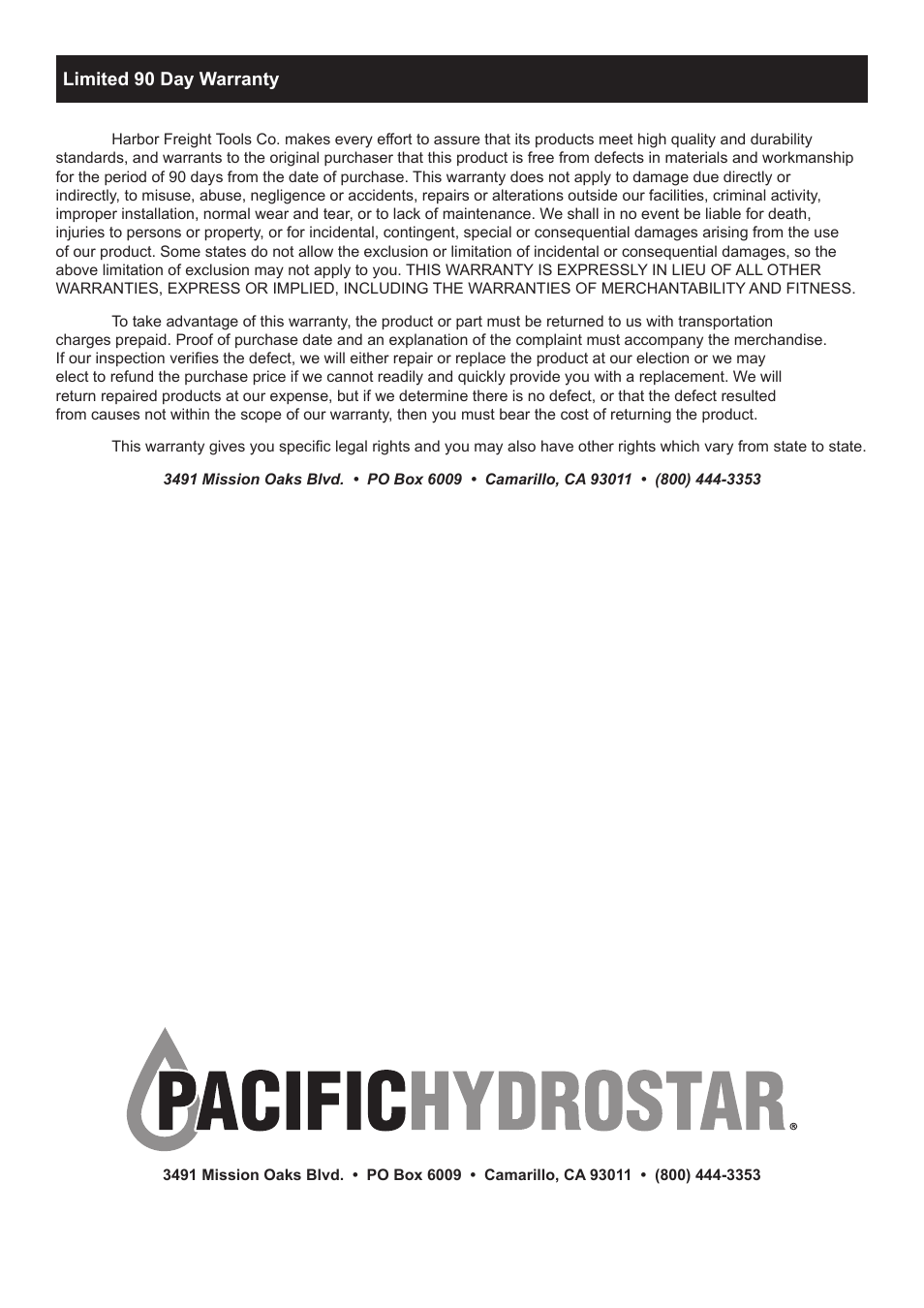 Harbor Freight Tools Pacifichydrostar 68333 User Manual | Page 16 / 16