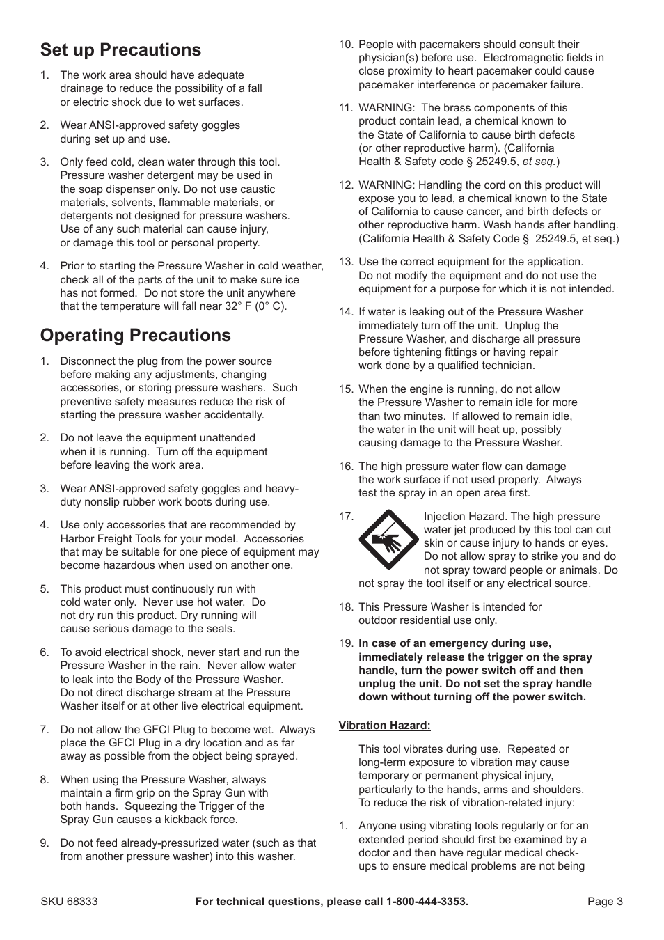 Set up precautions, Operating precautions | Harbor Freight Tools Pacifichydrostar 68333 User Manual | Page 3 / 16