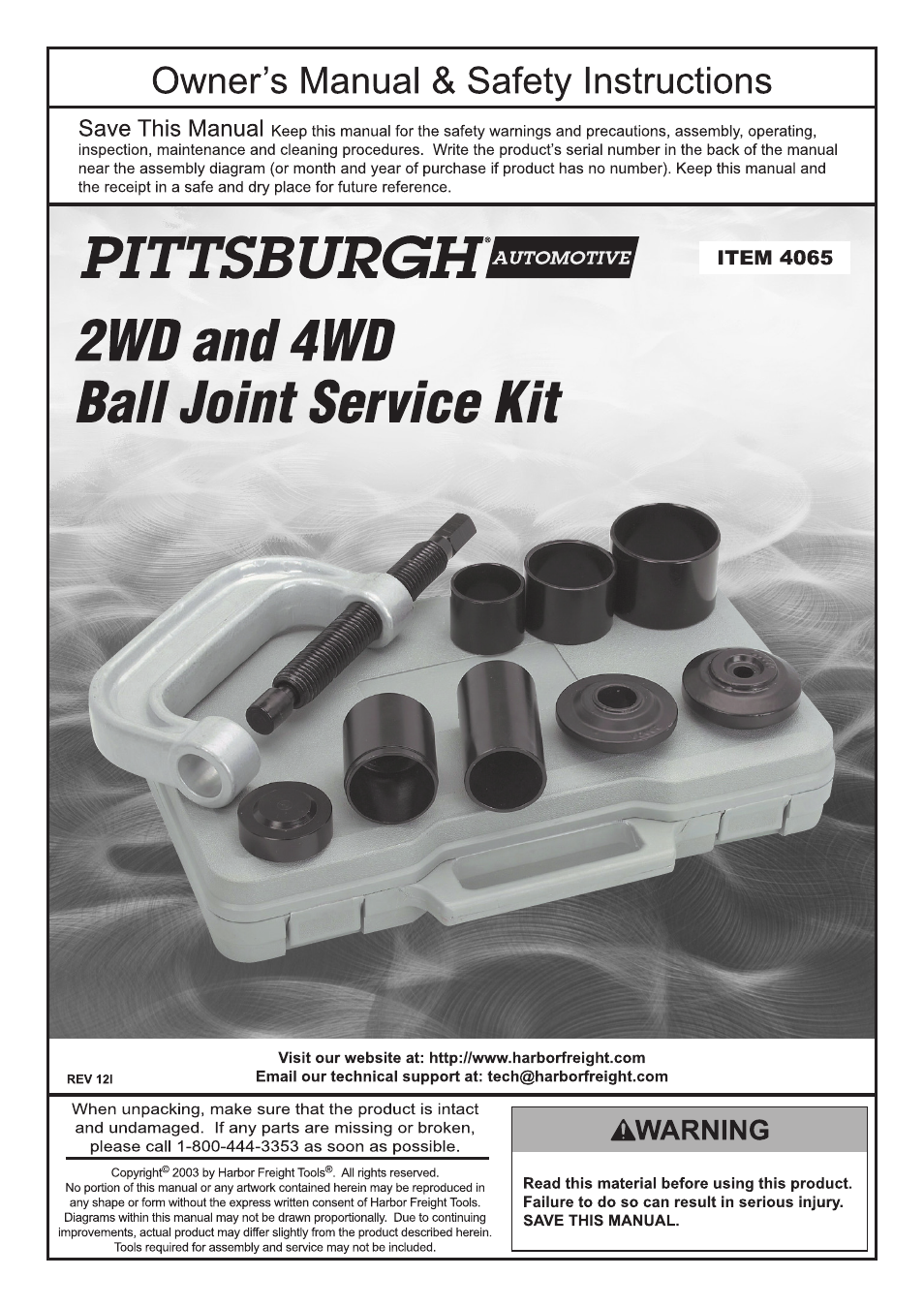 Harbor Freight Tools Pittsburgh Automotive 2WD and 4WD Ball Joint Service Kit 4065 User Manual | 8 pages