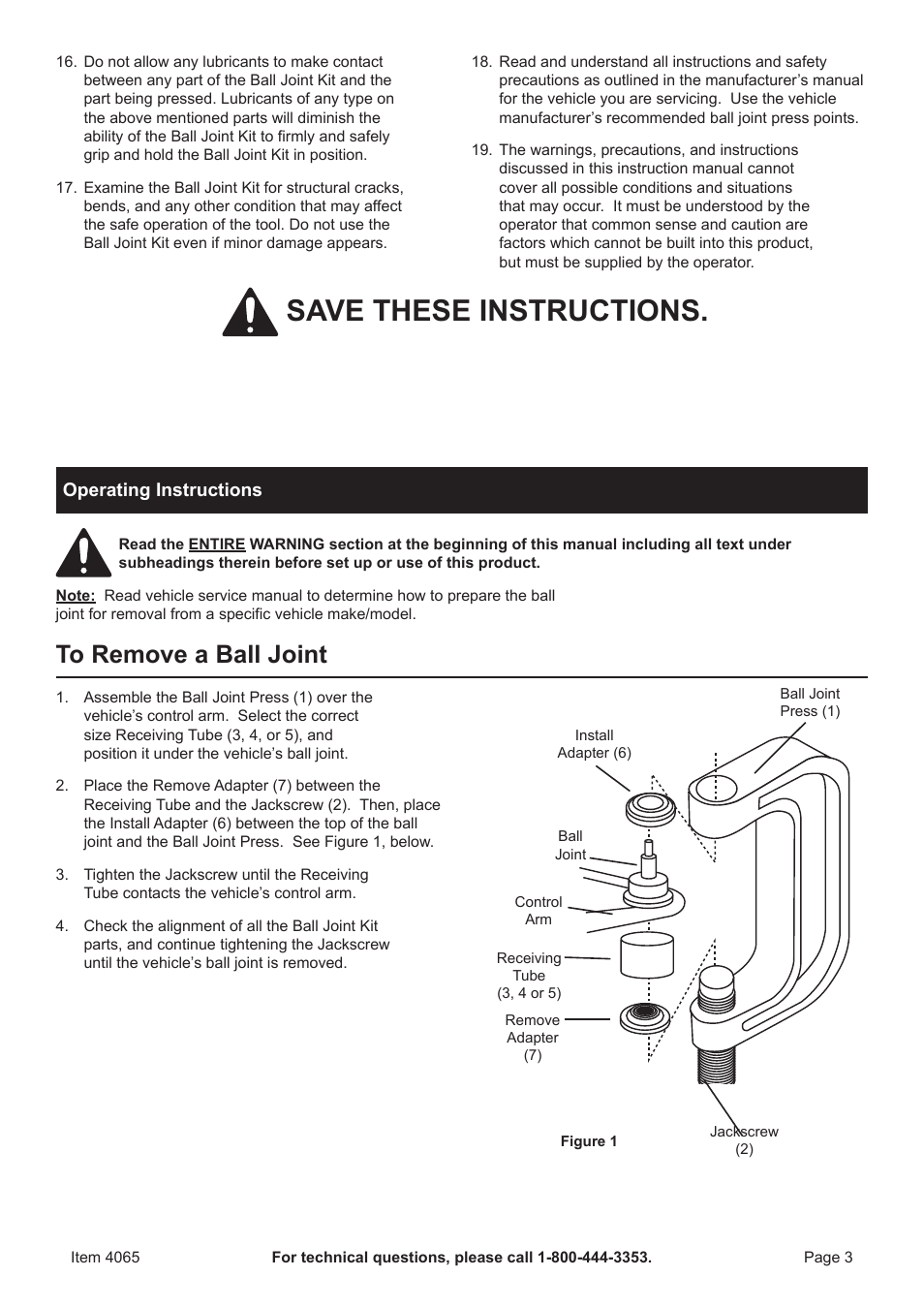 Save these instructions | Harbor Freight Tools Pittsburgh Automotive 2WD and 4WD Ball Joint Service Kit 4065 User Manual | Page 3 / 8