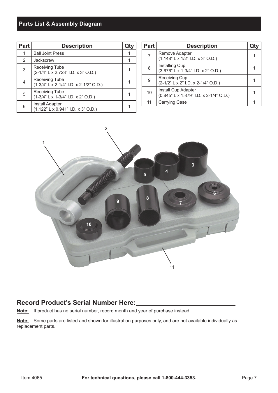 Record product’s serial number here | Harbor Freight Tools Pittsburgh Automotive 2WD and 4WD Ball Joint Service Kit 4065 User Manual | Page 7 / 8