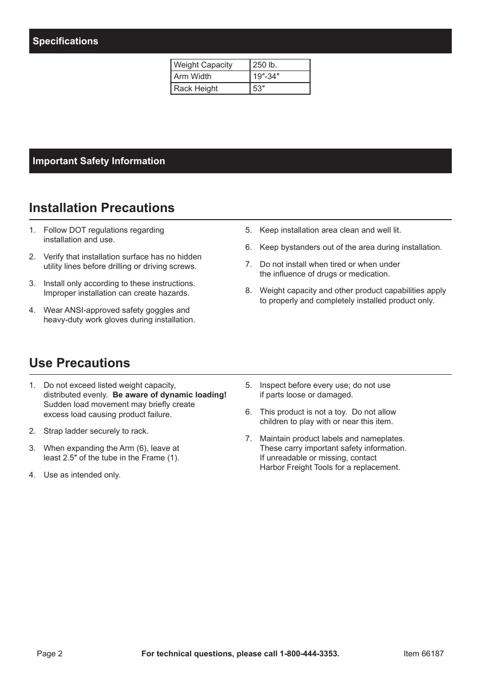 Installation precautions, Use precautions | Harbor Freight Tools 66187 User Manual | Page 2 / 8