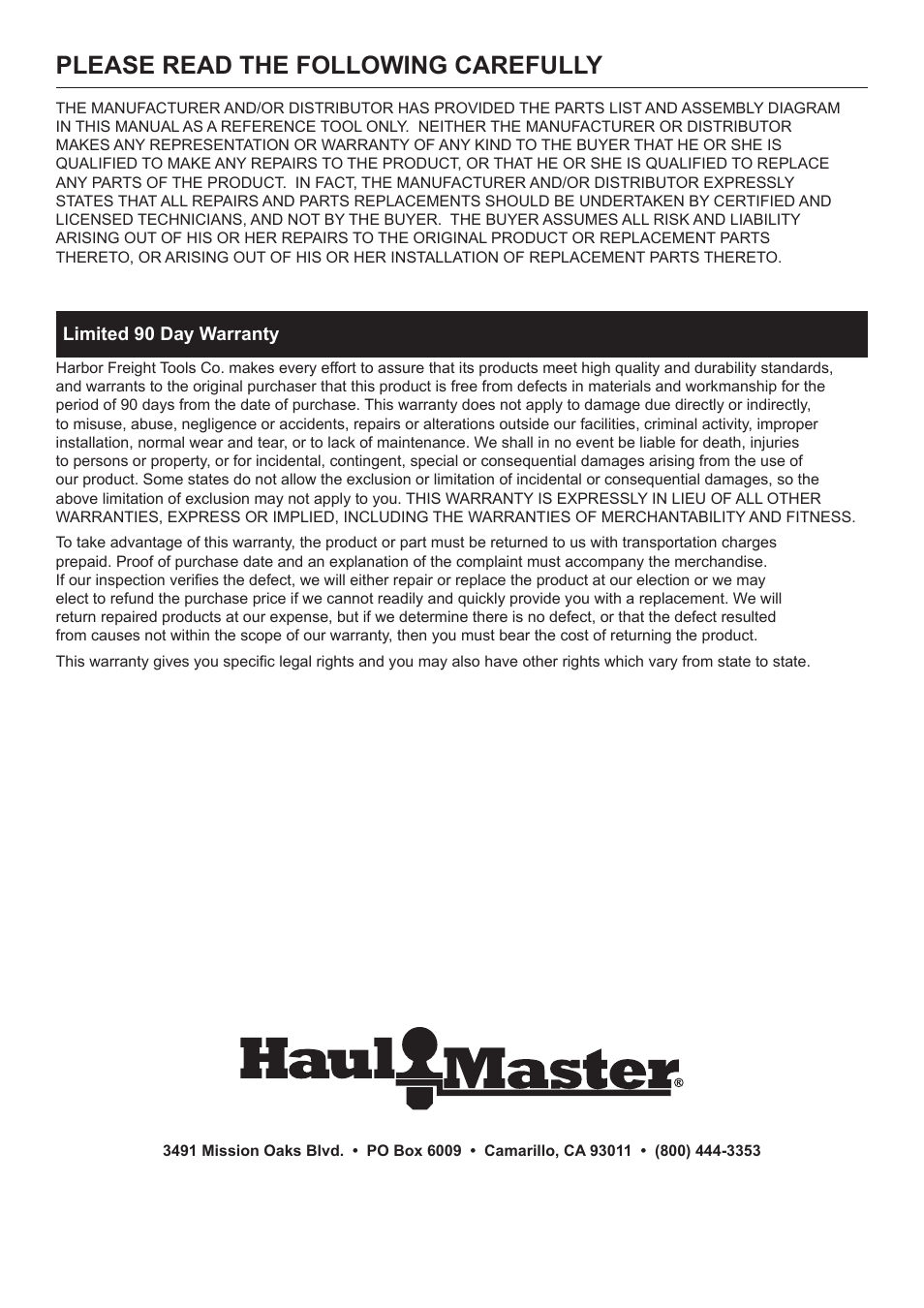 Please read the following carefully | Harbor Freight Tools 66187 User Manual | Page 8 / 8