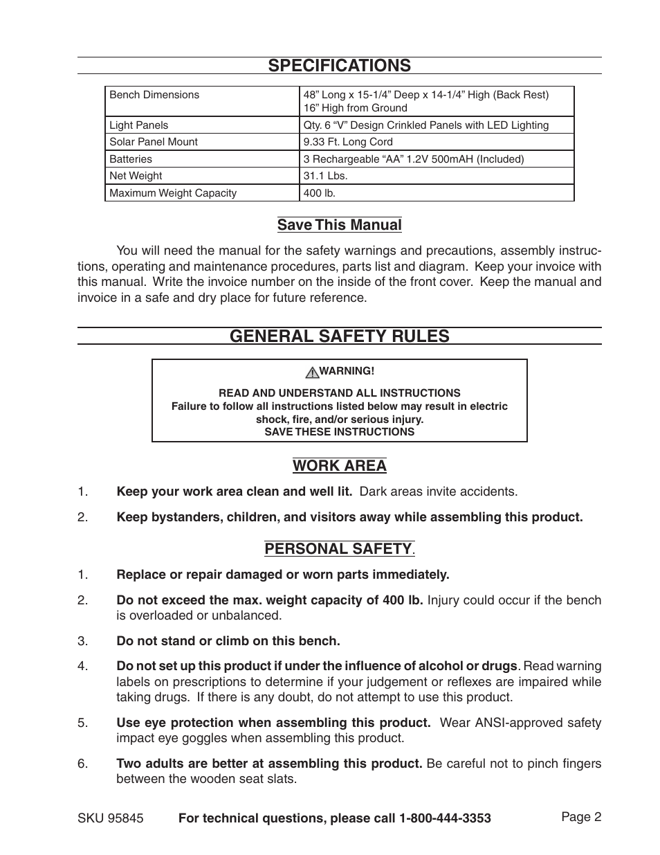 Specifications, General safety rules, Save this manual | Work area, Personal safety | Harbor Freight Tools Butler 95845 User Manual | Page 2 / 8