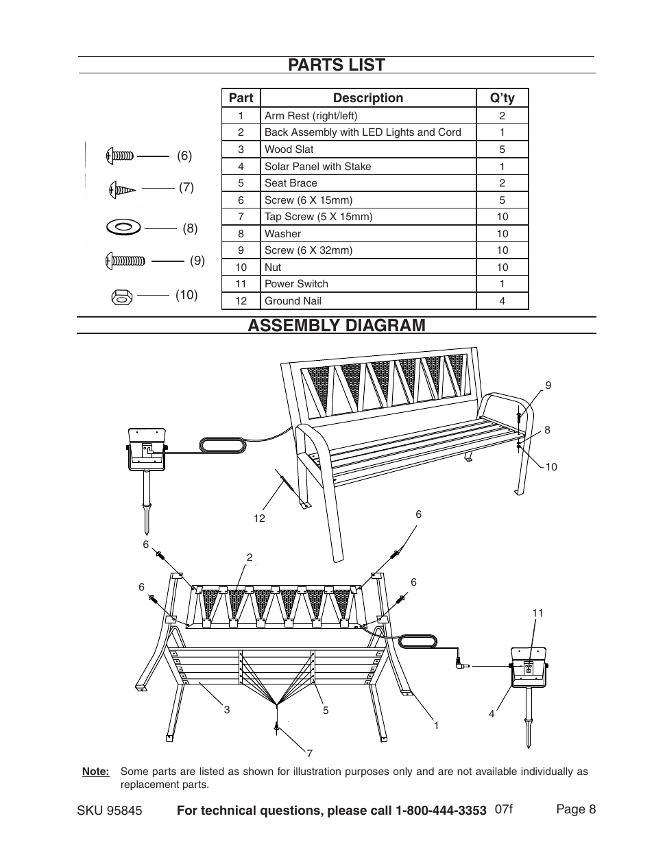 Parts list, Assembly diagram | Harbor Freight Tools Butler 95845 User Manual | Page 8 / 8