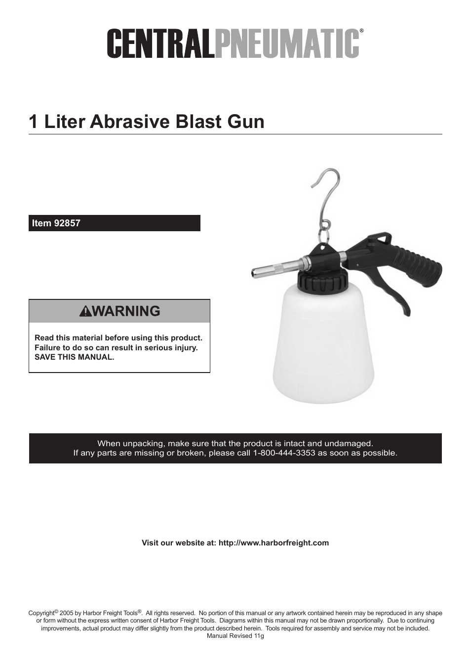 Harbor Freight Tools Central Pneumatic 1 Liter Abrasive Blast Gun 92857 User Manual | 12 pages