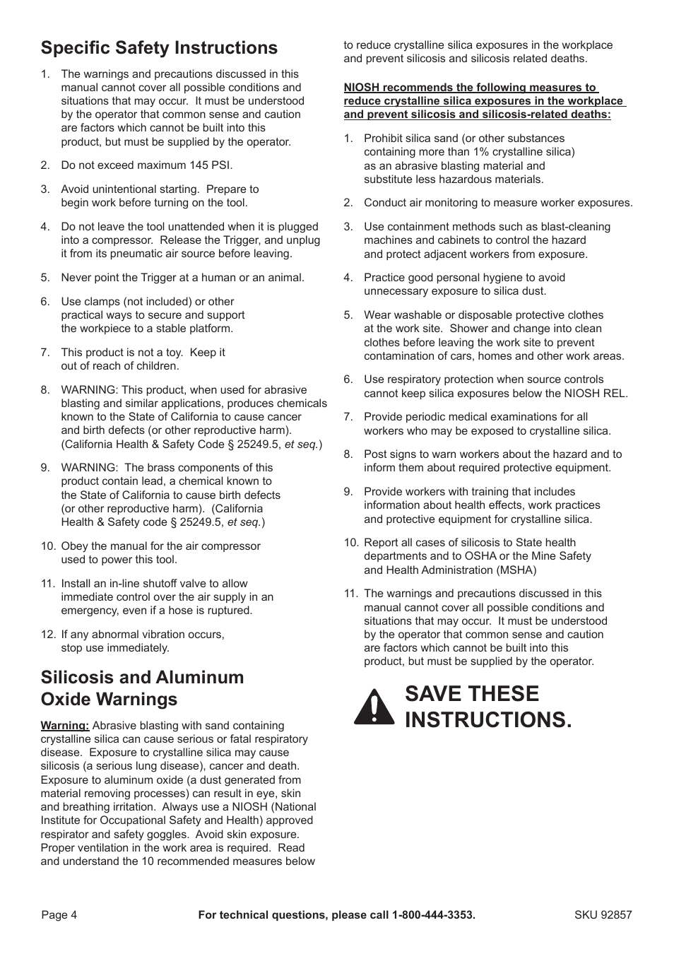 Save these instructions, Specific safety instructions, Silicosis and aluminum oxide warnings | Harbor Freight Tools Central Pneumatic 1 Liter Abrasive Blast Gun 92857 User Manual | Page 4 / 12