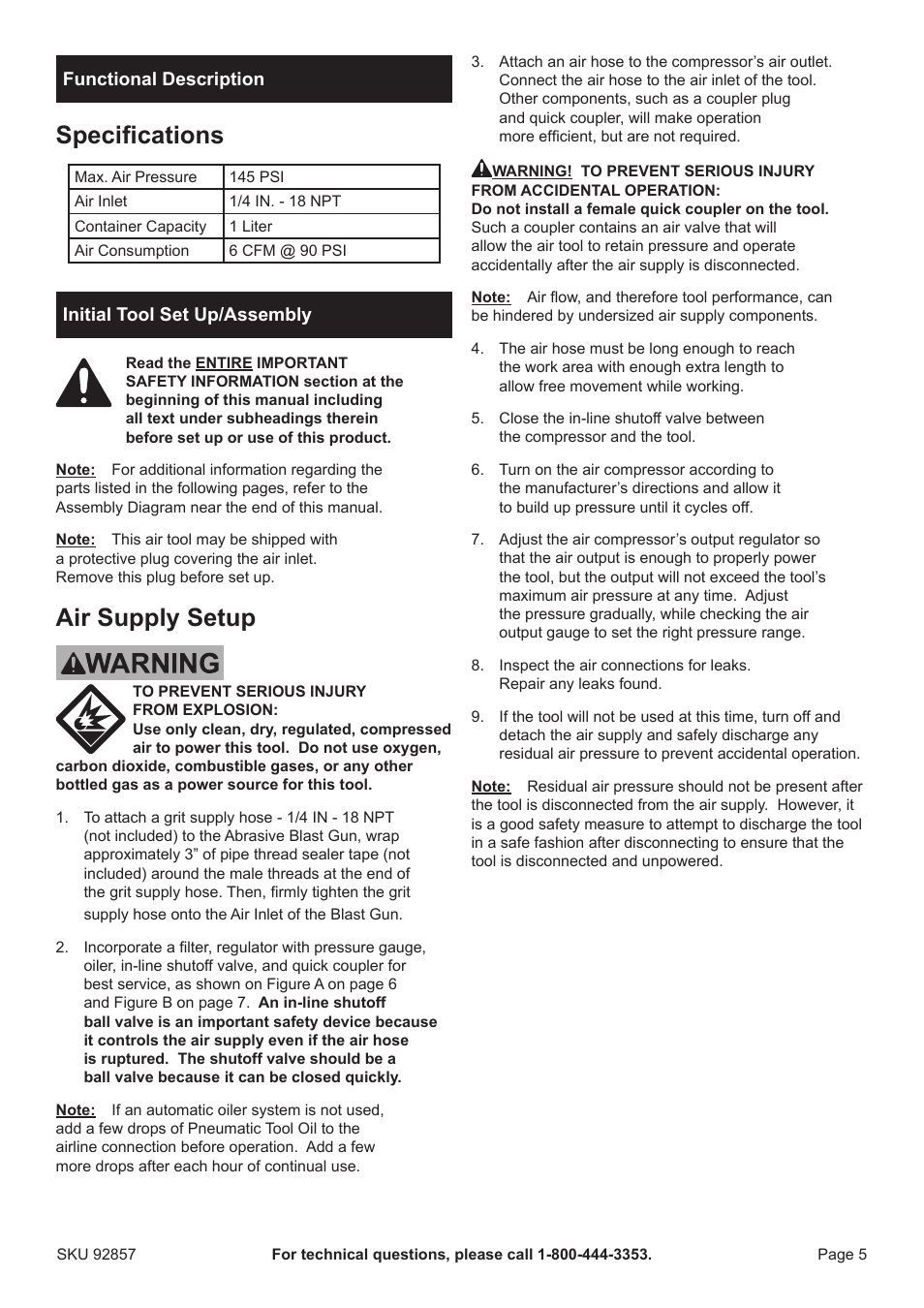 Specifications, Air supply setup | Harbor Freight Tools Central Pneumatic 1 Liter Abrasive Blast Gun 92857 User Manual | Page 5 / 12