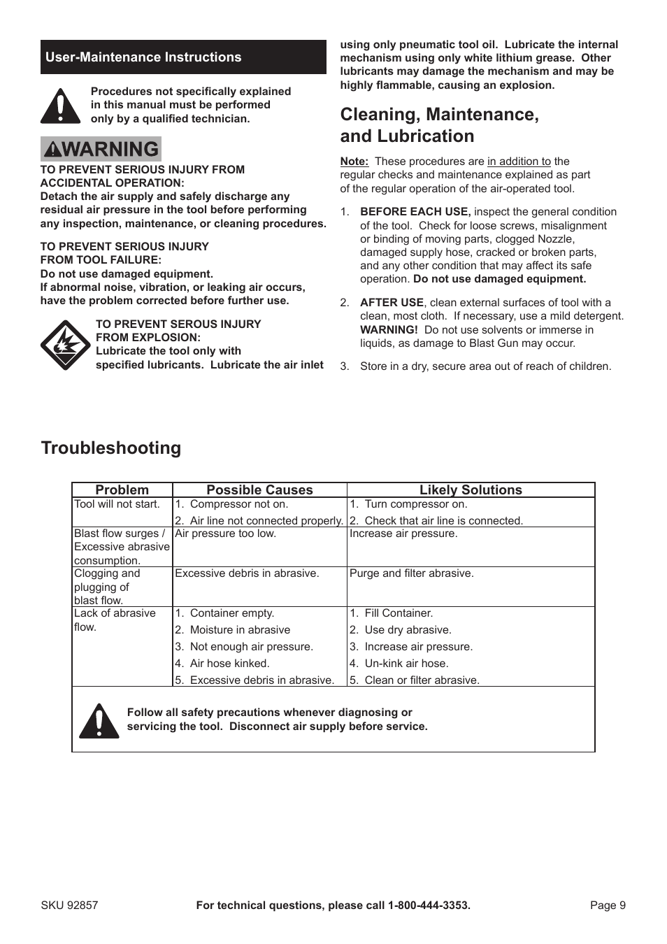 Cleaning, maintenance, and lubrication, Troubleshooting | Harbor Freight Tools Central Pneumatic 1 Liter Abrasive Blast Gun 92857 User Manual | Page 9 / 12