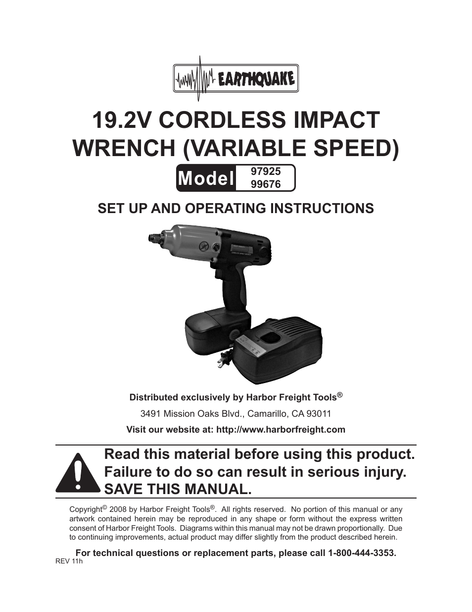 Harbor Freight Tools 19.2V CORDLESS IMPACT WRENCH 97925 User Manual | 18 pages