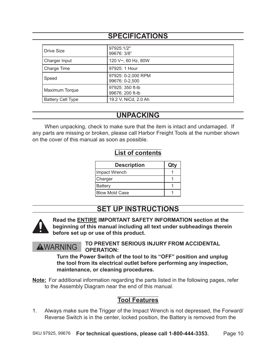 Warning, Specifications, Unpacking | Set up instructions, List of contents, Tool features | Harbor Freight Tools 19.2V CORDLESS IMPACT WRENCH 97925 User Manual | Page 10 / 18