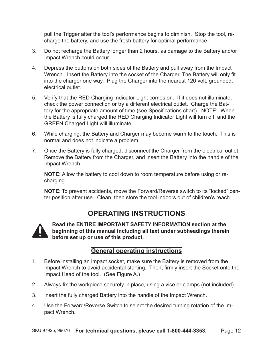 Operating instructions | Harbor Freight Tools 19.2V CORDLESS IMPACT WRENCH 97925 User Manual | Page 12 / 18