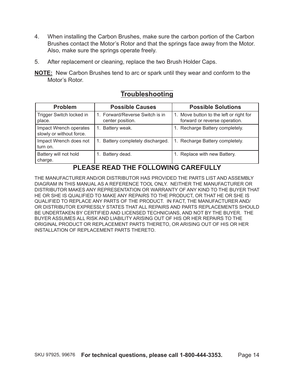 Troubleshooting, Please read the following carefully | Harbor Freight Tools 19.2V CORDLESS IMPACT WRENCH 97925 User Manual | Page 14 / 18