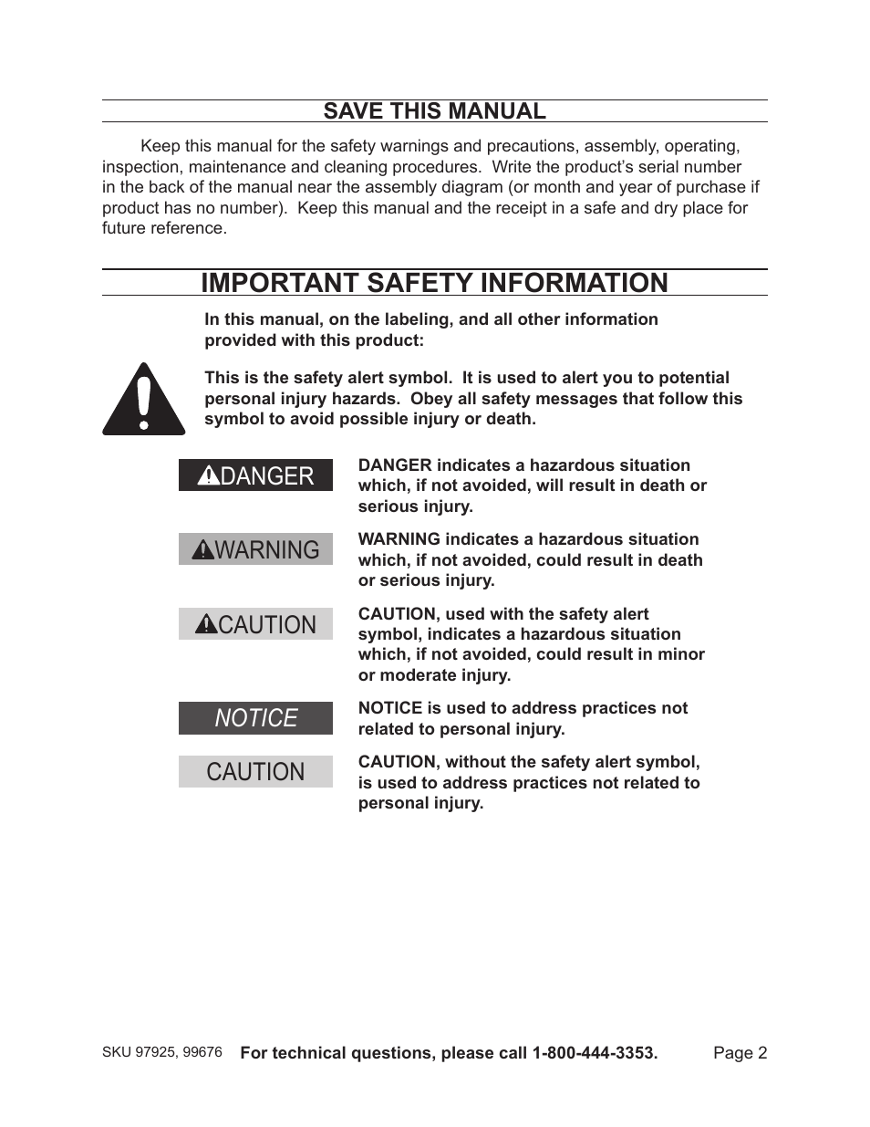 Important safety information, Danger warning caution notice caution, Save this manual | Harbor Freight Tools 19.2V CORDLESS IMPACT WRENCH 97925 User Manual | Page 2 / 18