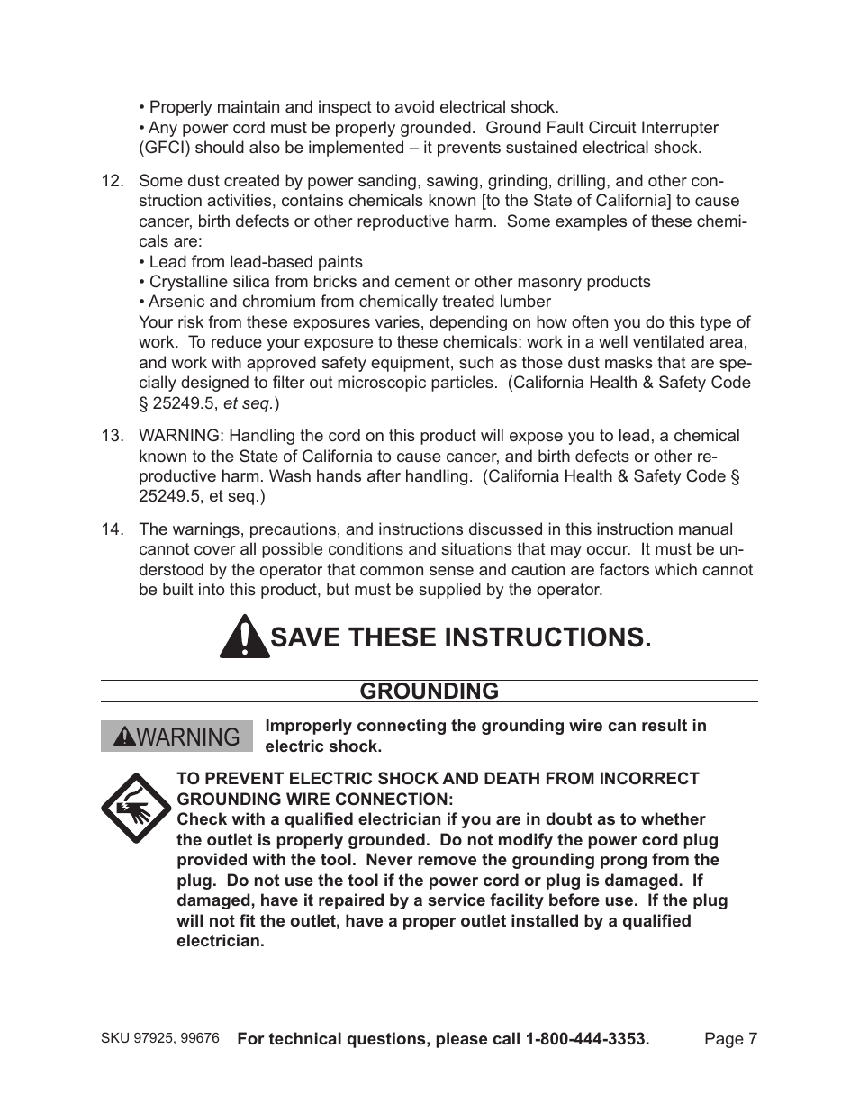 Save these instructions, Warning, Grounding | Harbor Freight Tools 19.2V CORDLESS IMPACT WRENCH 97925 User Manual | Page 7 / 18