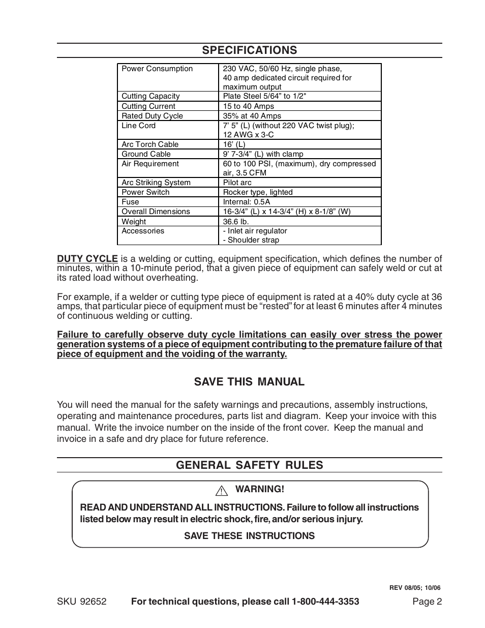 Specifications, Save this manual, General safety rules | Harbor Freight Tools 92652 User Manual | Page 2 / 16