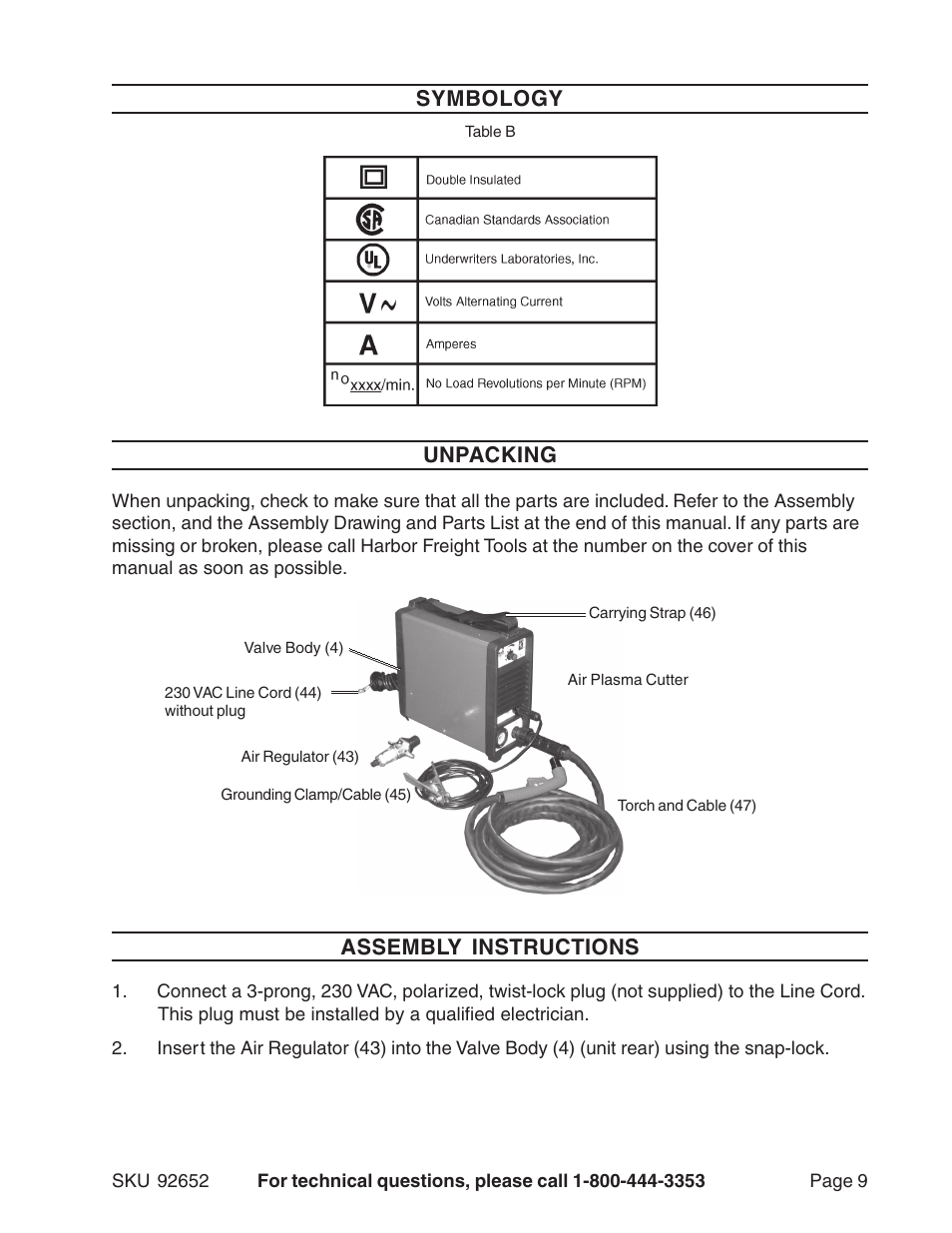 Symbology, Unpacking, Assembly instructions | Harbor Freight Tools 92652 User Manual | Page 9 / 16
