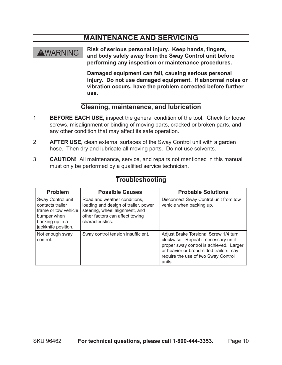 Warning, Maintenance and servicing, Cleaning, maintenance, and lubrication | Troubleshooting | Harbor Freight Tools 96462 User Manual | Page 10 / 12