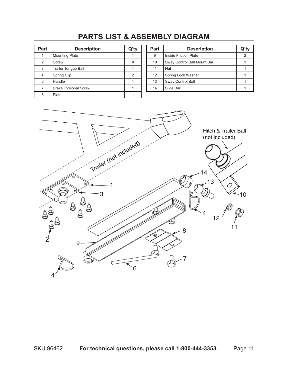 Parts list & assembly diagram | Harbor Freight Tools 96462 User Manual | Page 11 / 12