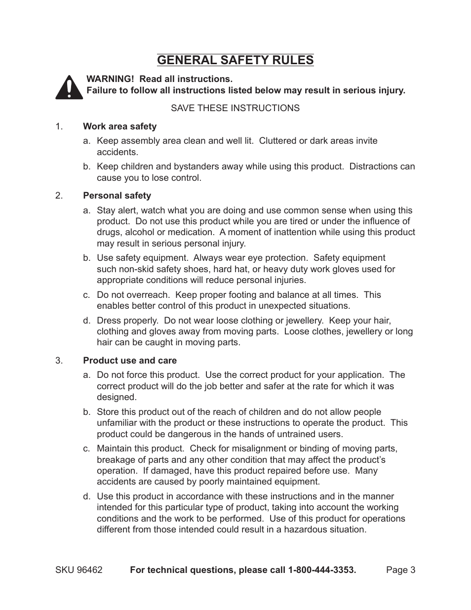 General safety rules | Harbor Freight Tools 96462 User Manual | Page 3 / 12