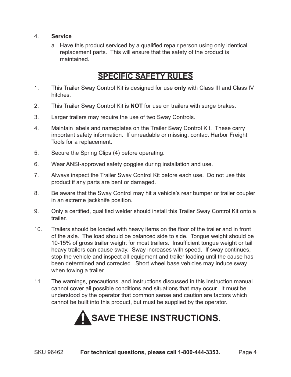 Save these instructions, Specific safety rules | Harbor Freight Tools 96462 User Manual | Page 4 / 12