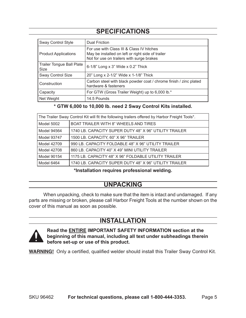 Specifications, Unpacking, Installation | Harbor Freight Tools 96462 User Manual | Page 5 / 12