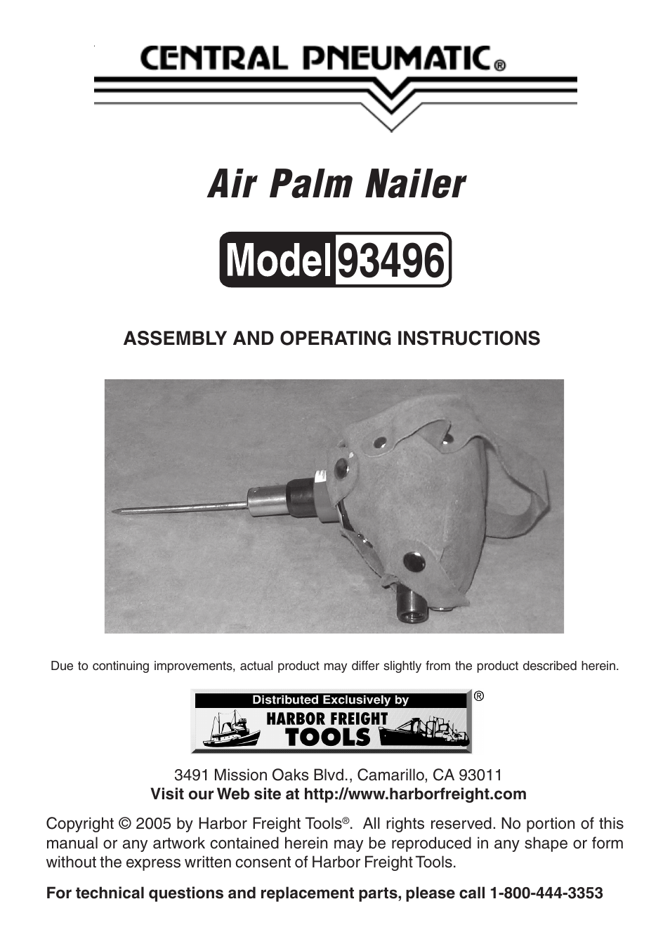 Harbor Freight Tools AIR PALM NAILER 93496 User Manual | 9 pages