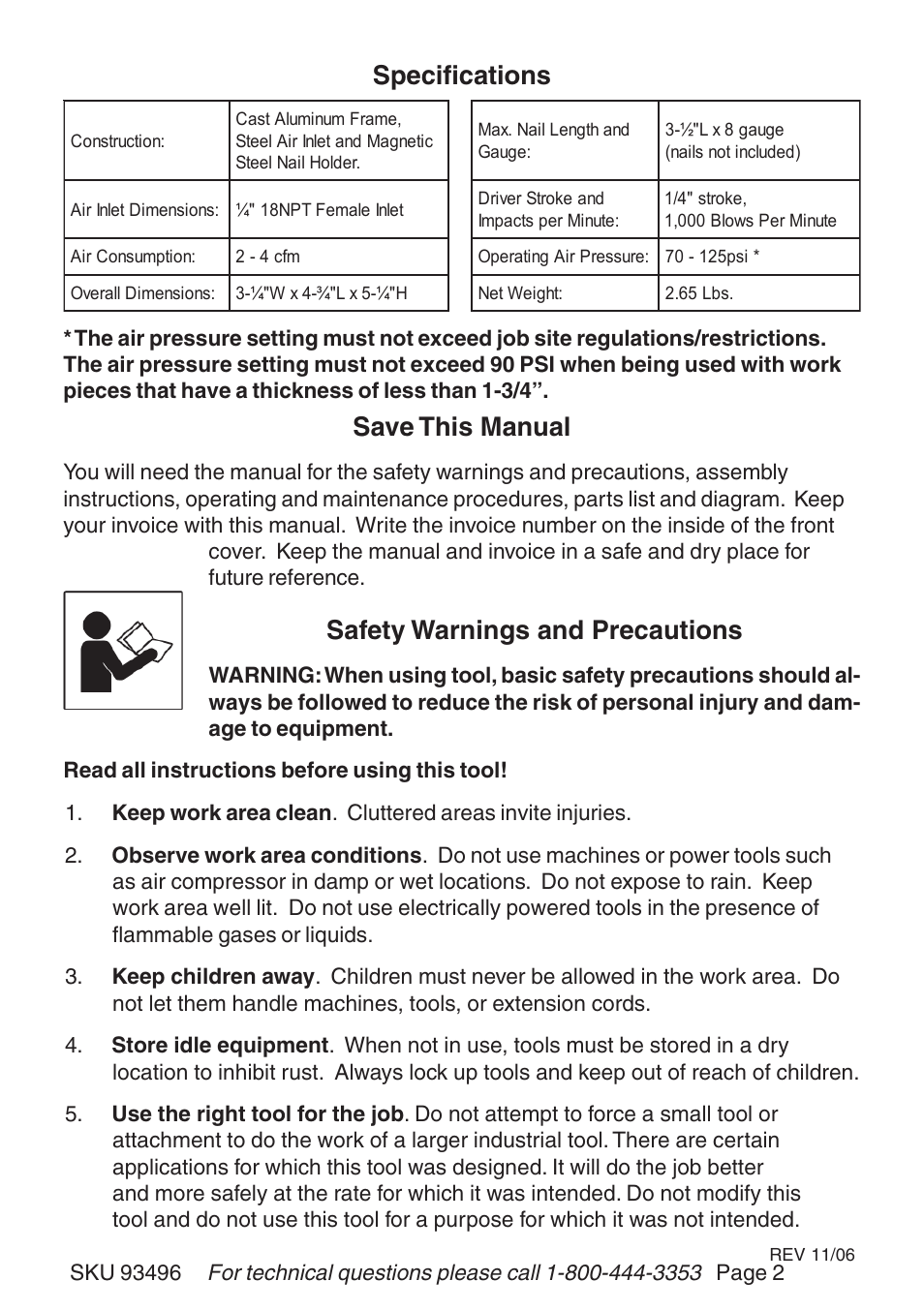 Specifications save this manual, Safety warnings and precautions, Page 2 | Harbor Freight Tools AIR PALM NAILER 93496 User Manual | Page 2 / 9