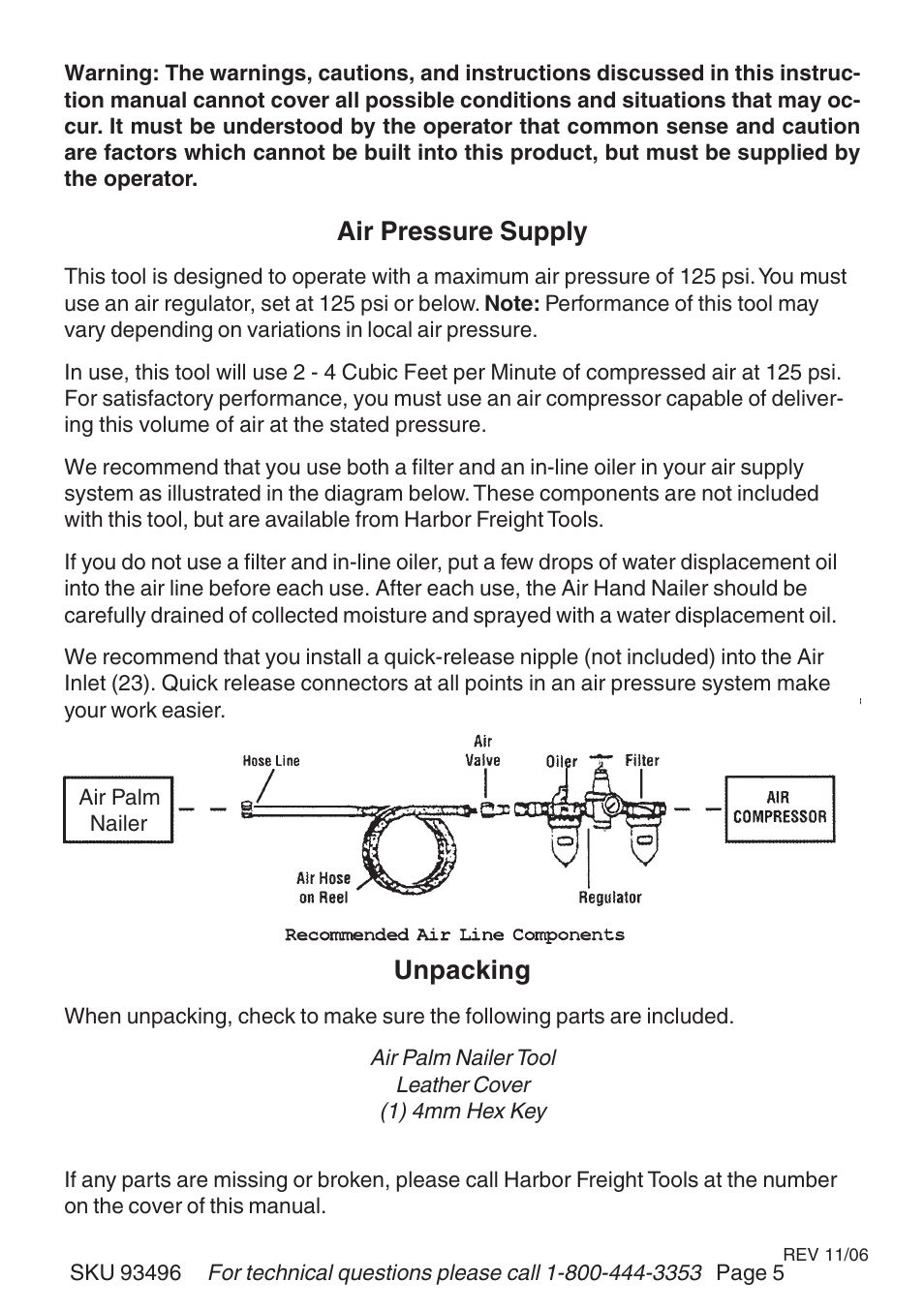 Air pressure supply, Unpacking | Harbor Freight Tools AIR PALM NAILER 93496 User Manual | Page 5 / 9