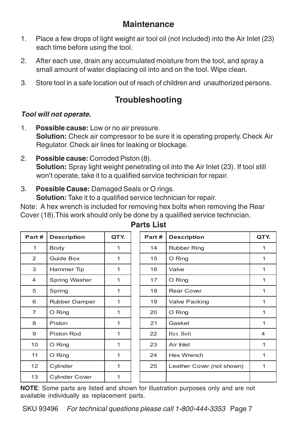 Maintenance, Troubleshooting, Parts list | Tool will not operate, Page 7 | Harbor Freight Tools AIR PALM NAILER 93496 User Manual | Page 7 / 9