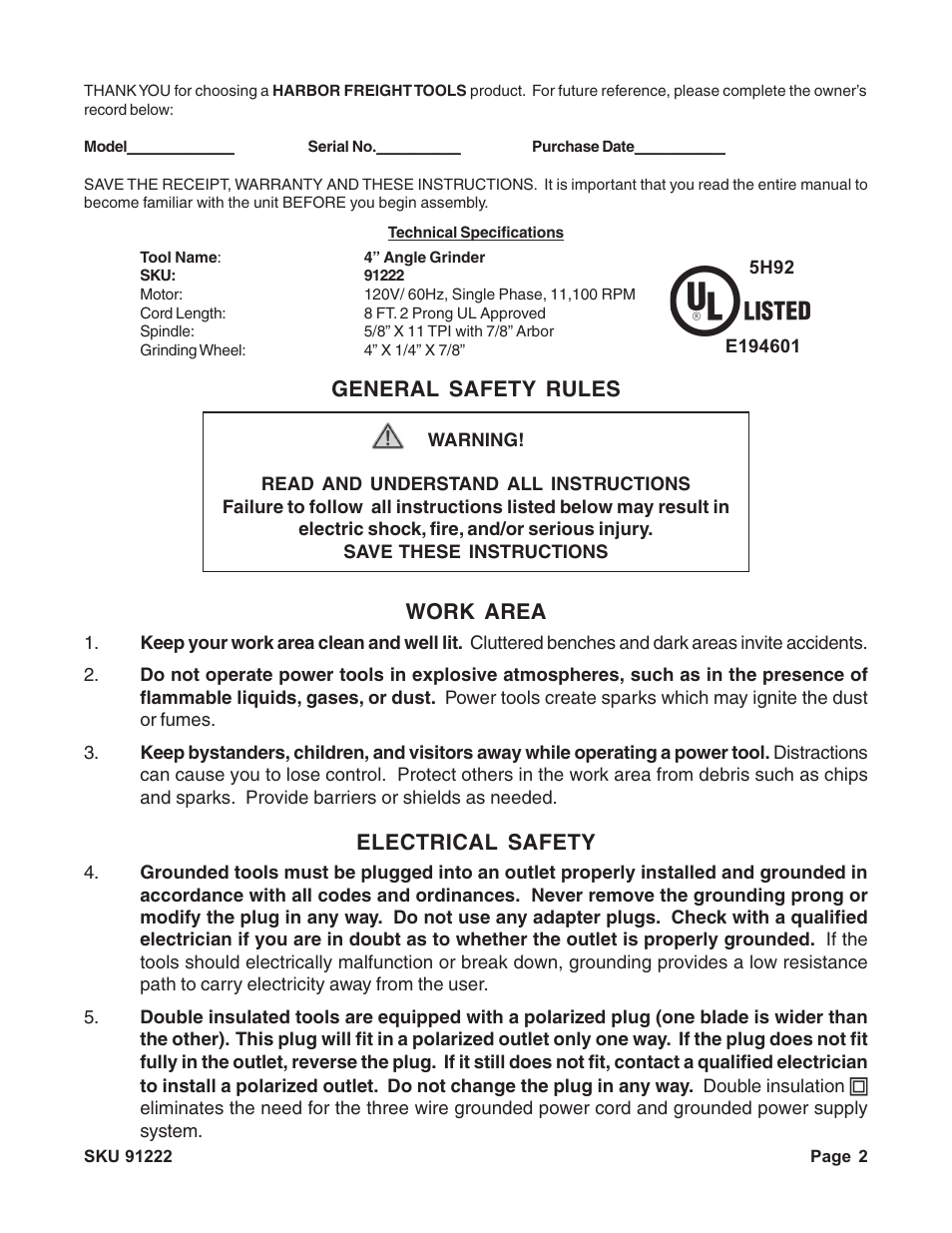 General safety rules, Work area, Electrical safety | Harbor Freight Tools 91222 User Manual | Page 2 / 14