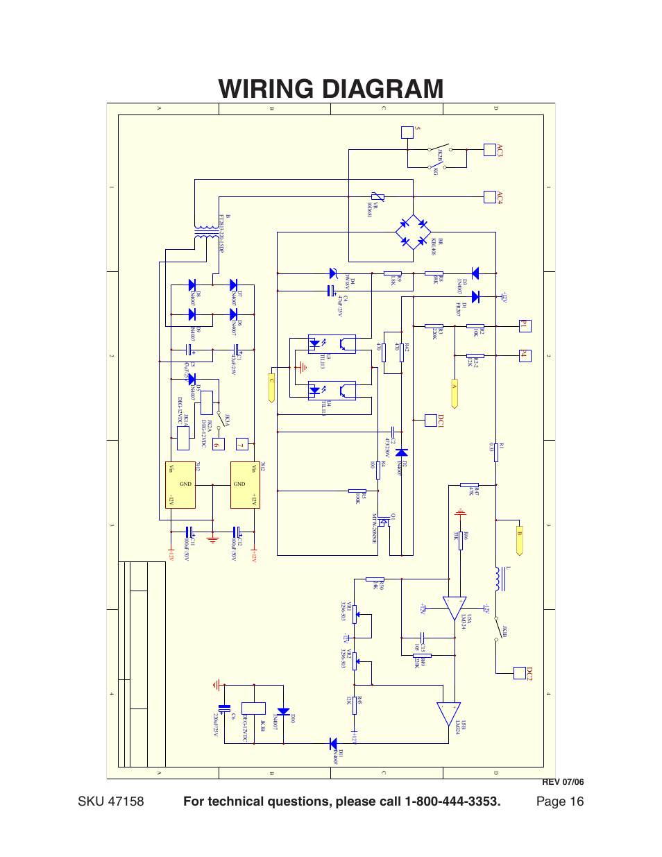 Wiring diagram, Rev 07/06 | Harbor Freight Tools 47158 User Manual | Page 16 / 16