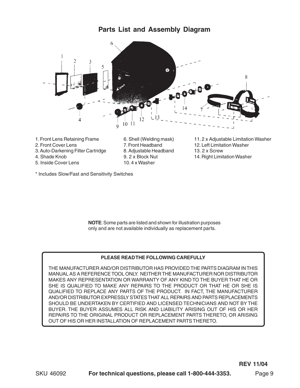 Parts list and assembly diagram | Harbor Freight Tools 46092 User Manual | Page 9 / 9