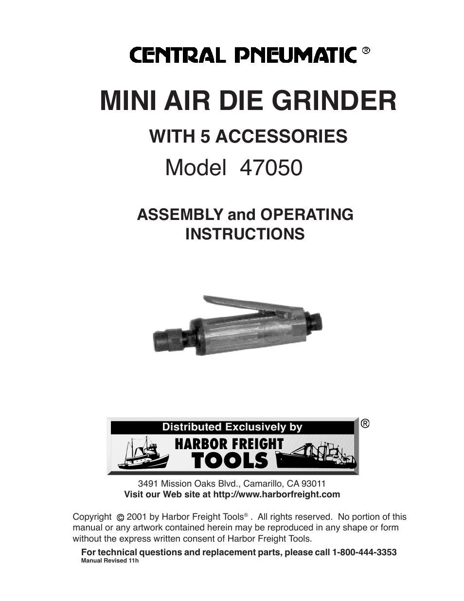 Harbor Freight Tools MINI AIR DIE GRINDER WITH 5 ACCESSORIES 47050 User Manual | 9 pages