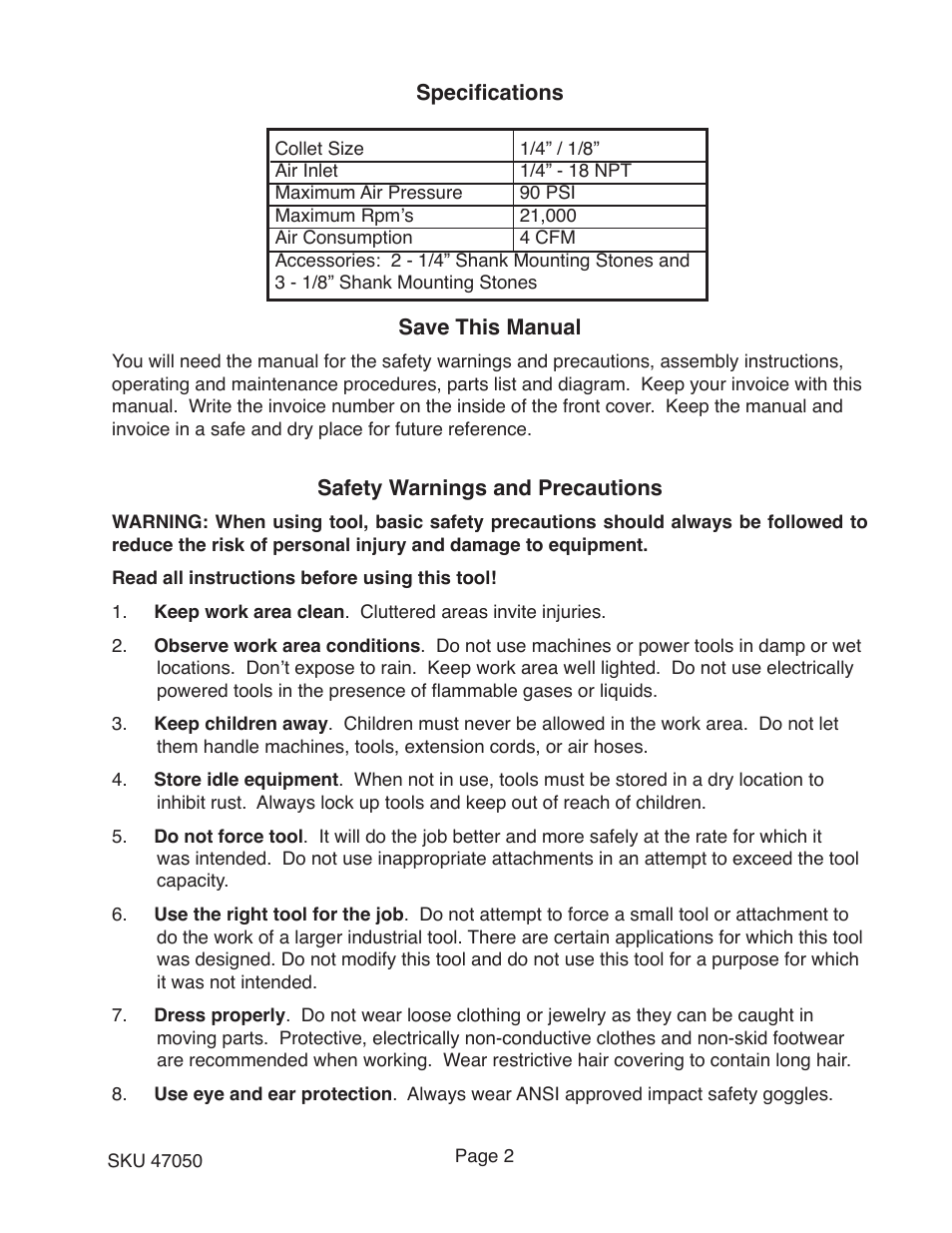 Harbor Freight Tools MINI AIR DIE GRINDER WITH 5 ACCESSORIES 47050 User Manual | Page 2 / 9