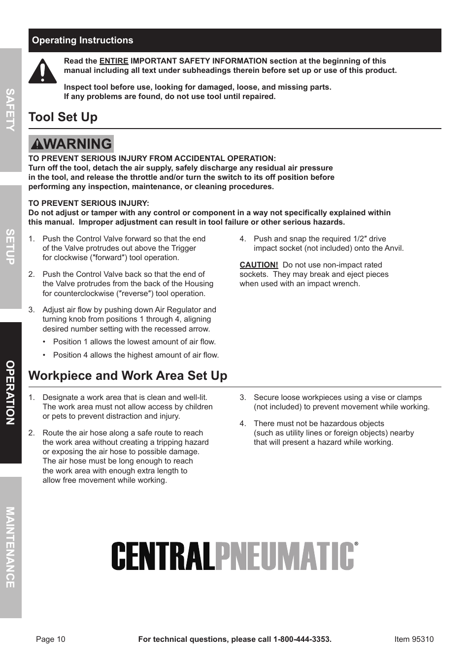 Tool set up, Workpiece and work area set up, Safet y op era tion m aintenan c e setu p | Harbor Freight Tools 95310 User Manual | Page 10 / 16