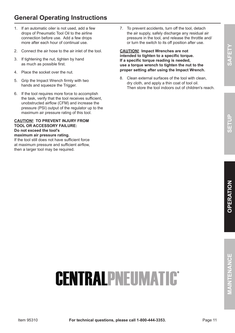 General operating instructions, Safet y op era tion m aintenan c e setu p | Harbor Freight Tools 95310 User Manual | Page 11 / 16