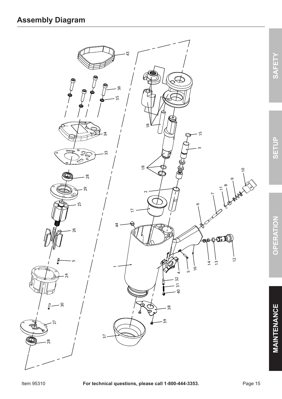 Assembly diagram, Safet y op era tion m aintenan c e setu p | Harbor Freight Tools 95310 User Manual | Page 15 / 16