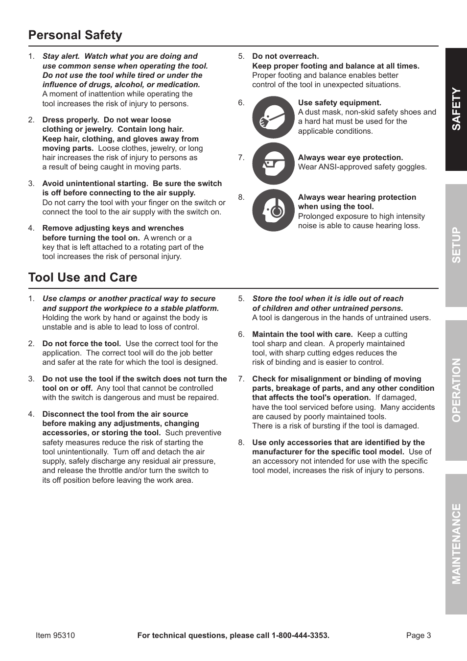 Personal safety, Tool use and care, Safet y op era tion m aintenan c e setu p | Harbor Freight Tools 95310 User Manual | Page 3 / 16