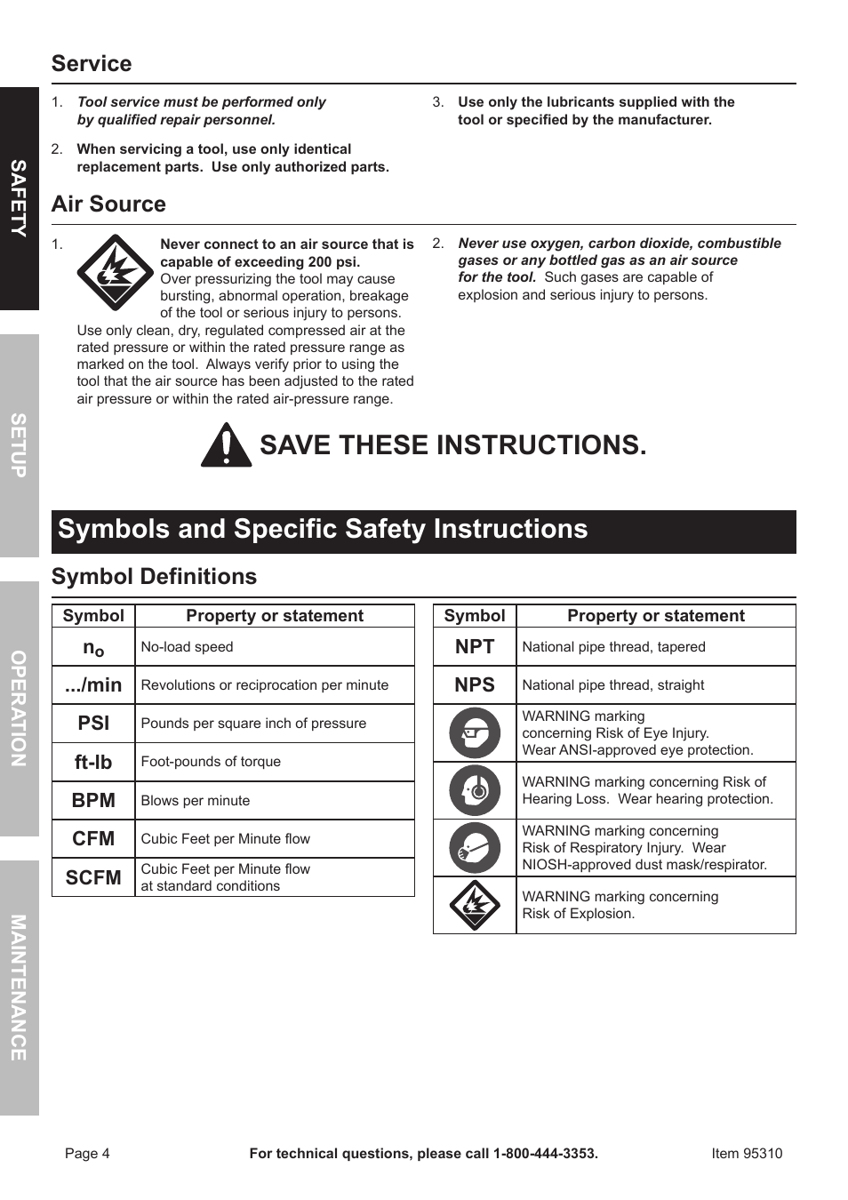 Service, Air source, Symbol definitions | Safet y op era tion m aintenan c e setu p, Ft-lb, Scfm | Harbor Freight Tools 95310 User Manual | Page 4 / 16