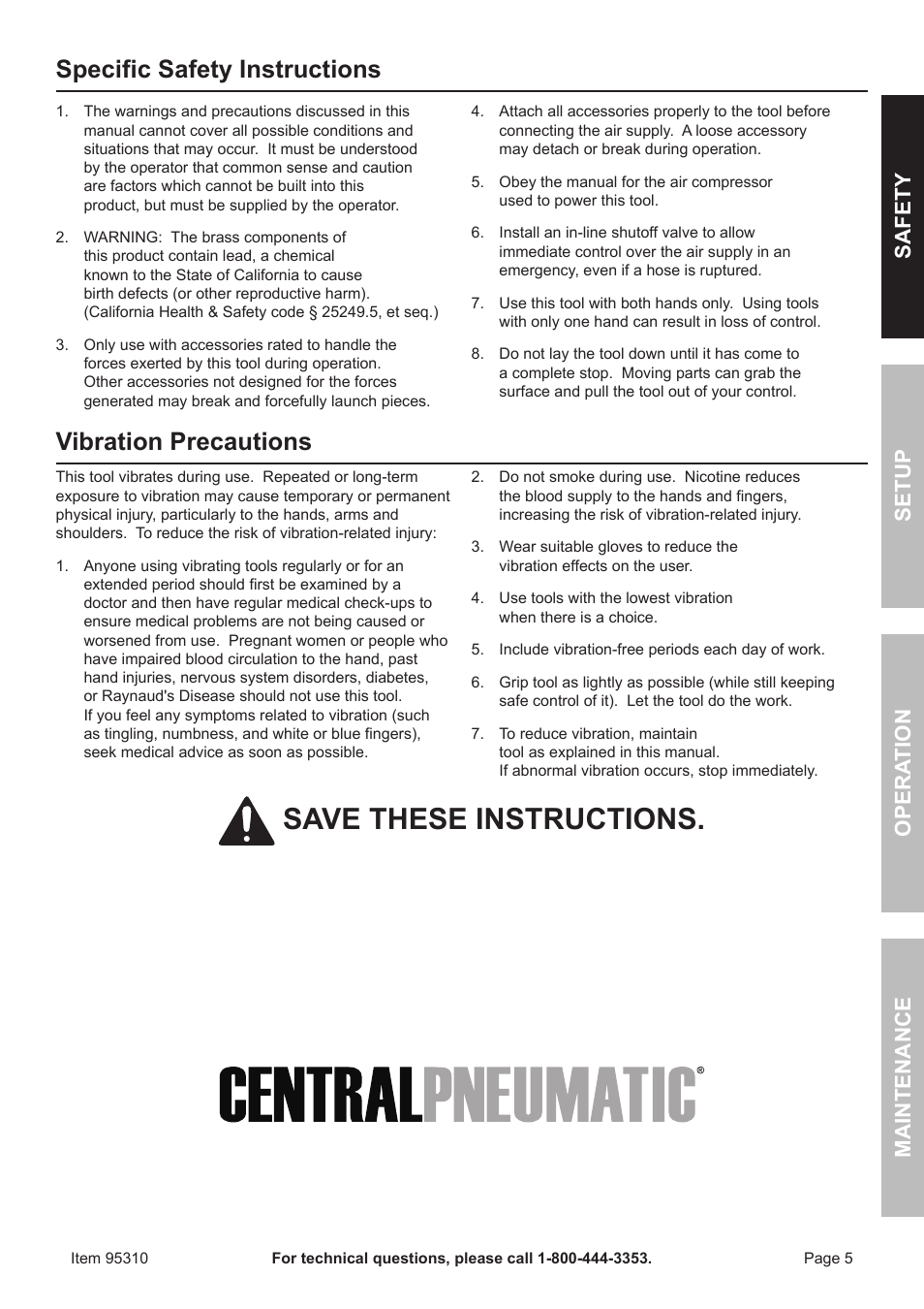 Save these instructions, Specific safety instructions, Vibration precautions | Safet y op era tion m aintenan c e setu p | Harbor Freight Tools 95310 User Manual | Page 5 / 16