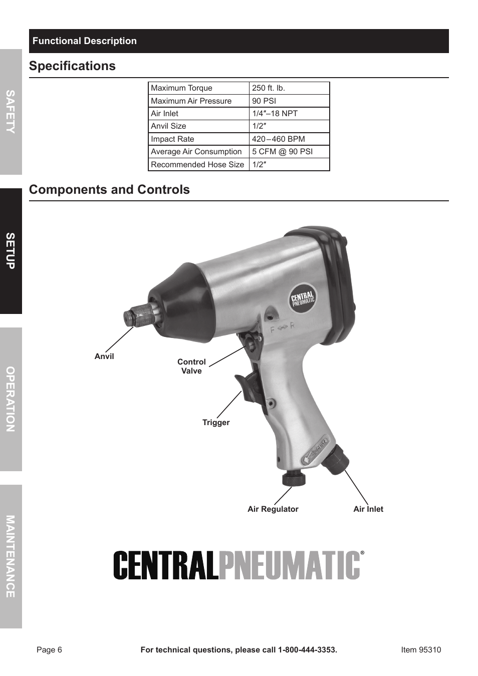 Specifications, Components and controls, Safet y op era tion m aintenan c e setu p | Harbor Freight Tools 95310 User Manual | Page 6 / 16