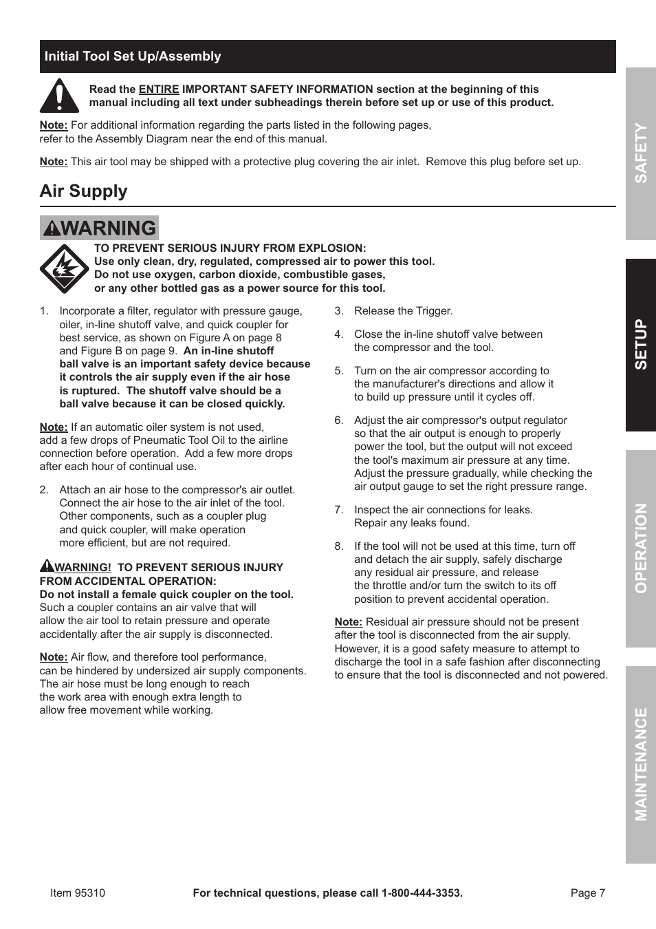 Air supply, Safet y op era tion m aintenan c e setu p | Harbor Freight Tools 95310 User Manual | Page 7 / 16