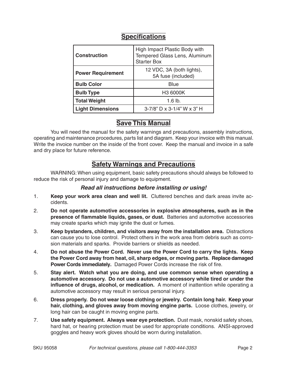 Specifications, Save this manual, Safety warnings and precautions | Harbor Freight Tools 95058 User Manual | Page 2 / 8