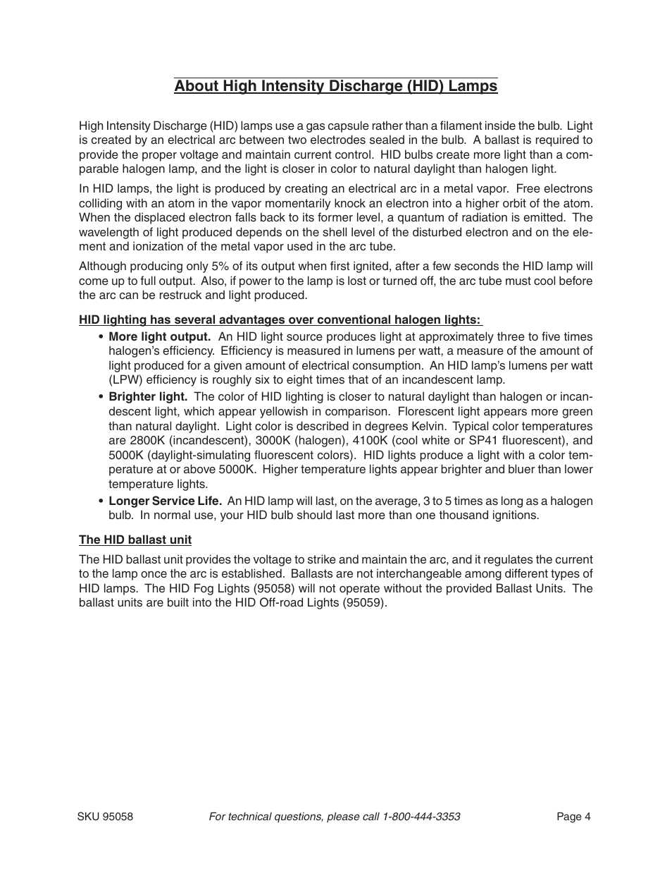 About high intensity discharge (hid) lamps | Harbor Freight Tools 95058 User Manual | Page 4 / 8