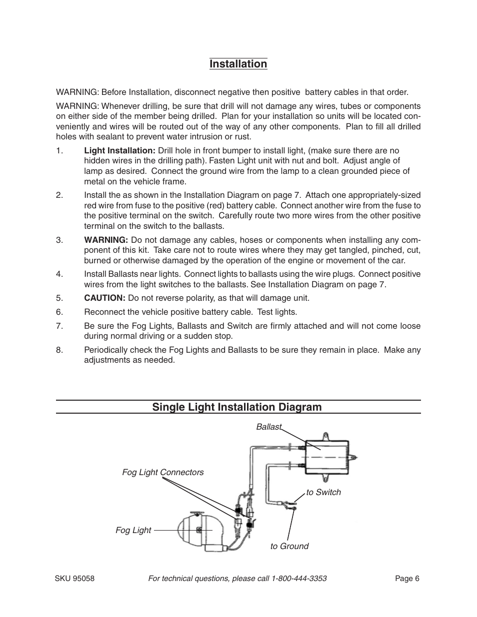 Installation, Single light installation diagram | Harbor Freight Tools 95058 User Manual | Page 6 / 8