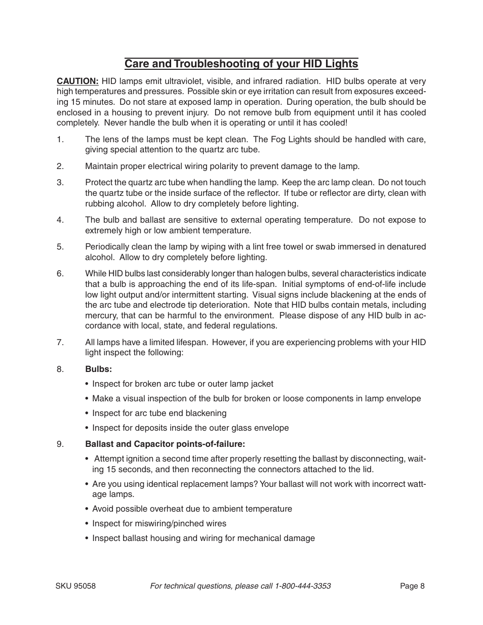 Care and troubleshooting of your hid lights | Harbor Freight Tools 95058 User Manual | Page 8 / 8